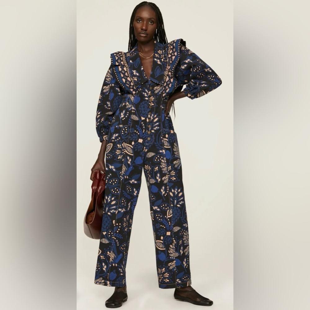FARM Rio Midnight Blue and Black Patterned Jumpsuit
